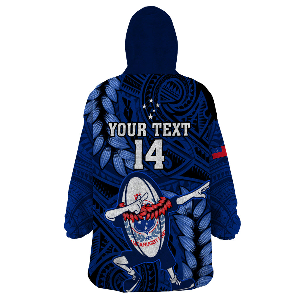 Custom Samoa Rugby Wearable Blanket Hoodie Manu Samoa Ula Fala Dabbing Ball Polynesian Blue Version - Wonder Print Shop