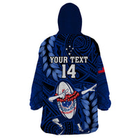 Custom Samoa Rugby Wearable Blanket Hoodie Manu Samoa Ula Fala Dabbing Ball Polynesian Blue Version - Wonder Print Shop