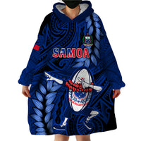 Custom Samoa Rugby Wearable Blanket Hoodie Manu Samoa Ula Fala Dabbing Ball Polynesian Blue Version - Wonder Print Shop