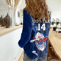 Custom Samoa Rugby Women Casual Shirt Manu Samoa Ula Fala Dabbing Ball Polynesian Blue Version - Wonder Print Shop