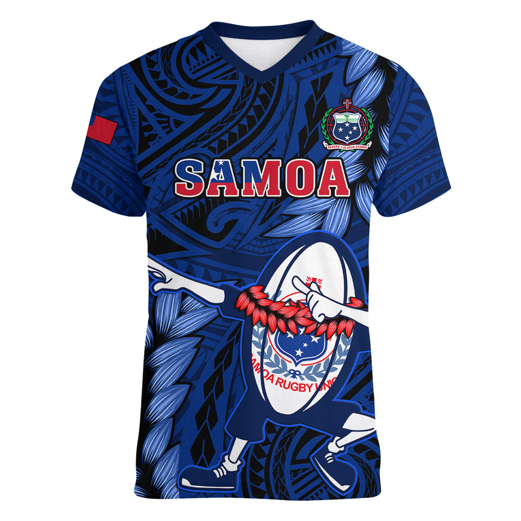 Custom Samoa Rugby Women V Neck T Shirt Manu Samoa Ula Fala Dabbing Ball Polynesian Blue Version - Wonder Print Shop