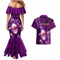 Samoa Rugby Couples Matching Mermaid Dress and Hawaiian Shirt Manu Samoa Ula Fala Dabbing Ball Polynesian Purple Version - Wonder Print Shop