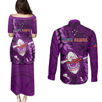 Samoa Rugby Couples Matching Puletasi Dress and Long Sleeve Button Shirts Manu Samoa Ula Fala Dabbing Ball Polynesian Purple Version - Wonder Print Shop