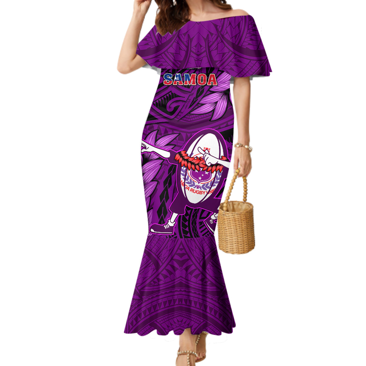 Samoa Rugby Family Matching Mermaid Dress and Hawaiian Shirt Manu Samoa Ula Fala Dabbing Ball Polynesian Purple Version - Wonder Print Shop