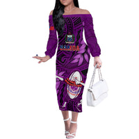 Samoa Rugby Family Matching Off Shoulder Long Sleeve Dress and Hawaiian Shirt Manu Samoa Ula Fala Dabbing Ball Polynesian Purple Version - Wonder Print Shop
