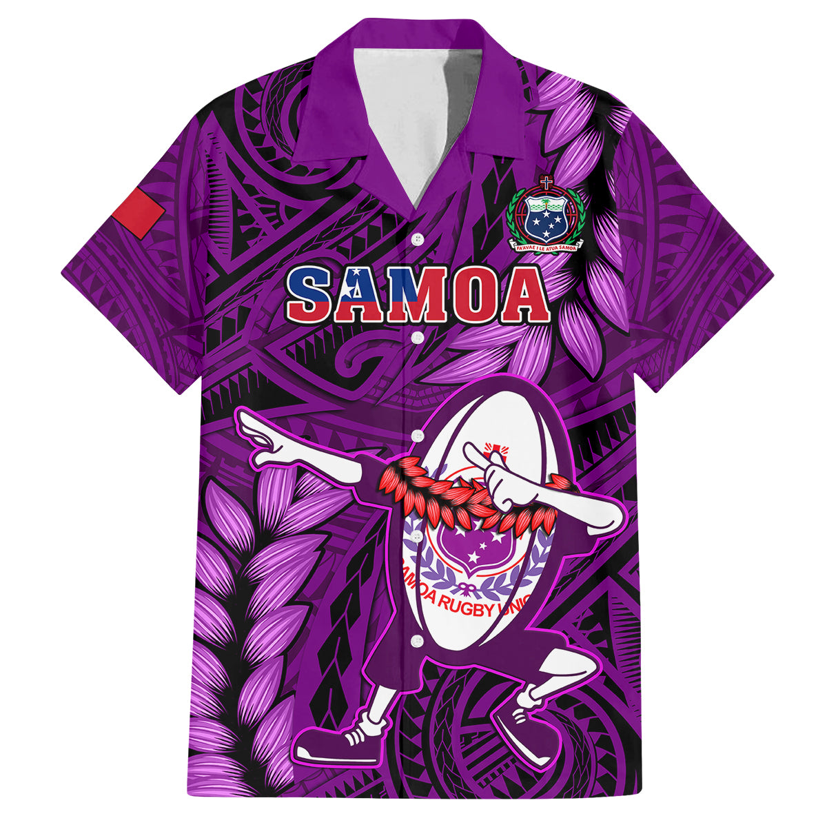 Samoa Rugby Family Matching Short Sleeve Bodycon Dress and Hawaiian Shirt Manu Samoa Ula Fala Dabbing Ball Polynesian Purple Version - Wonder Print Shop