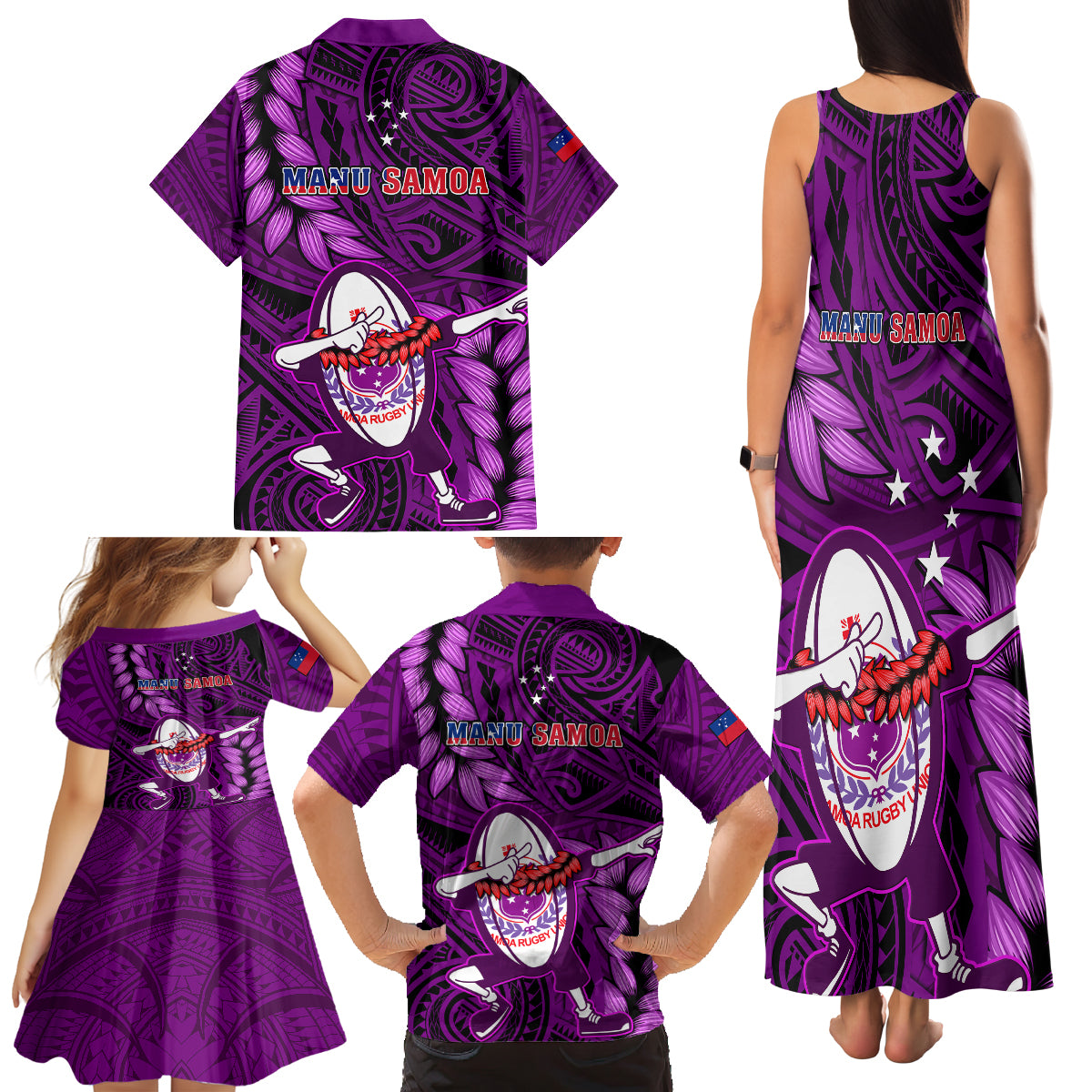 Samoa Rugby Family Matching Tank Maxi Dress and Hawaiian Shirt Manu Samoa Ula Fala Dabbing Ball Polynesian Purple Version - Wonder Print Shop