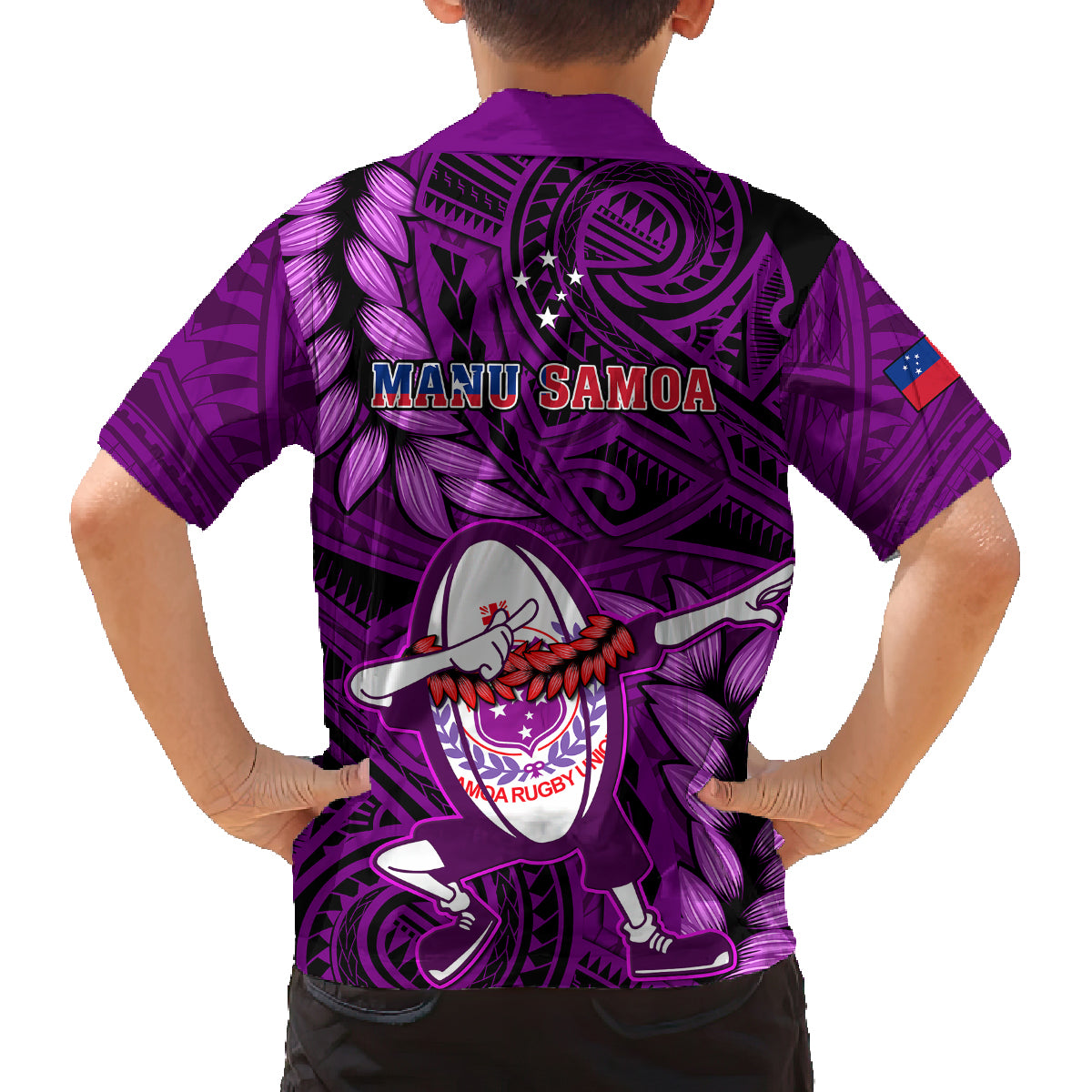 Samoa Rugby Kid Hawaiian Shirt Manu Samoa Ula Fala Dabbing Ball Polynesian Purple Version - Wonder Print Shop