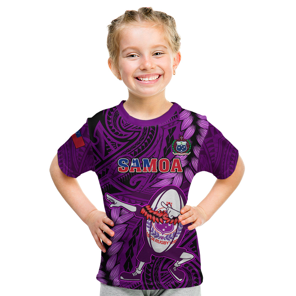 Samoa Rugby Kid T Shirt Manu Samoa Ula Fala Dabbing Ball Polynesian Purple Version - Wonder Print Shop