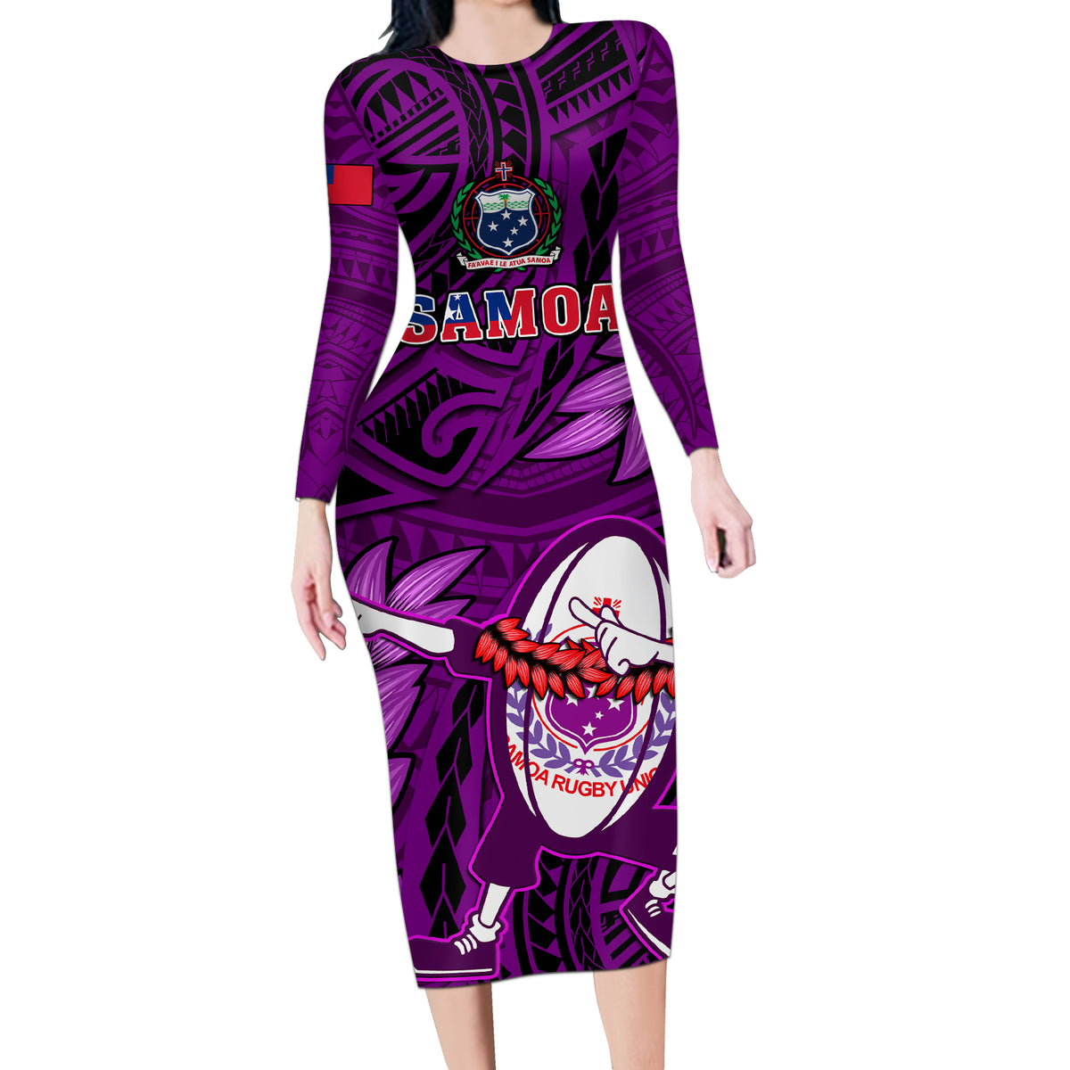 Samoa Rugby Long Sleeve Bodycon Dress Manu Samoa Ula Fala Dabbing Ball Polynesian Purple Version - Wonder Print Shop