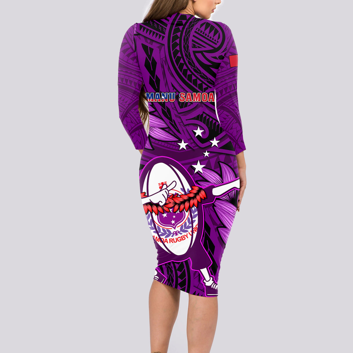 Samoa Rugby Long Sleeve Bodycon Dress Manu Samoa Ula Fala Dabbing Ball Polynesian Purple Version - Wonder Print Shop