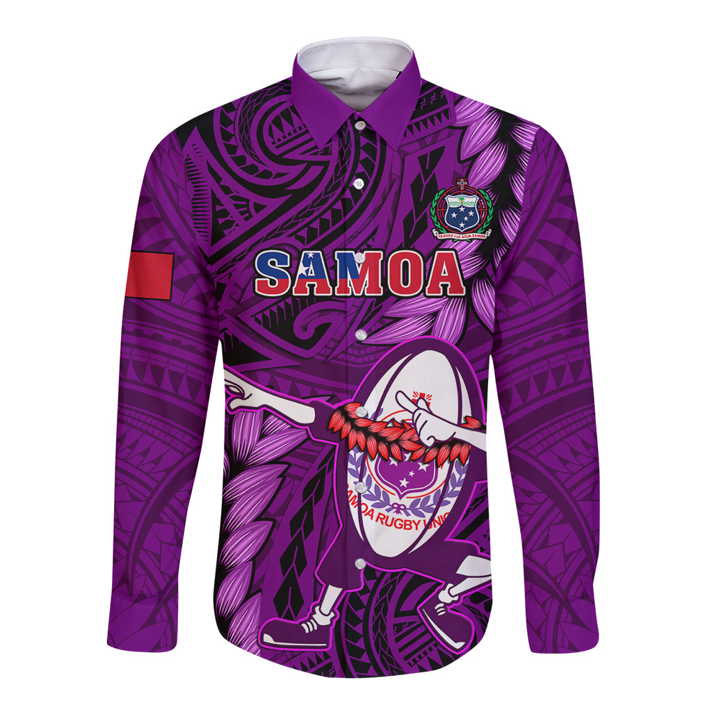 Samoa Rugby Long Sleeve Button Shirt Manu Samoa Ula Fala Dabbing Ball Polynesian Purple Version - Wonder Print Shop