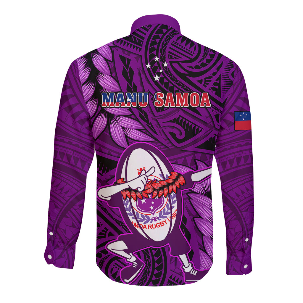 Samoa Rugby Long Sleeve Button Shirt Manu Samoa Ula Fala Dabbing Ball Polynesian Purple Version - Wonder Print Shop