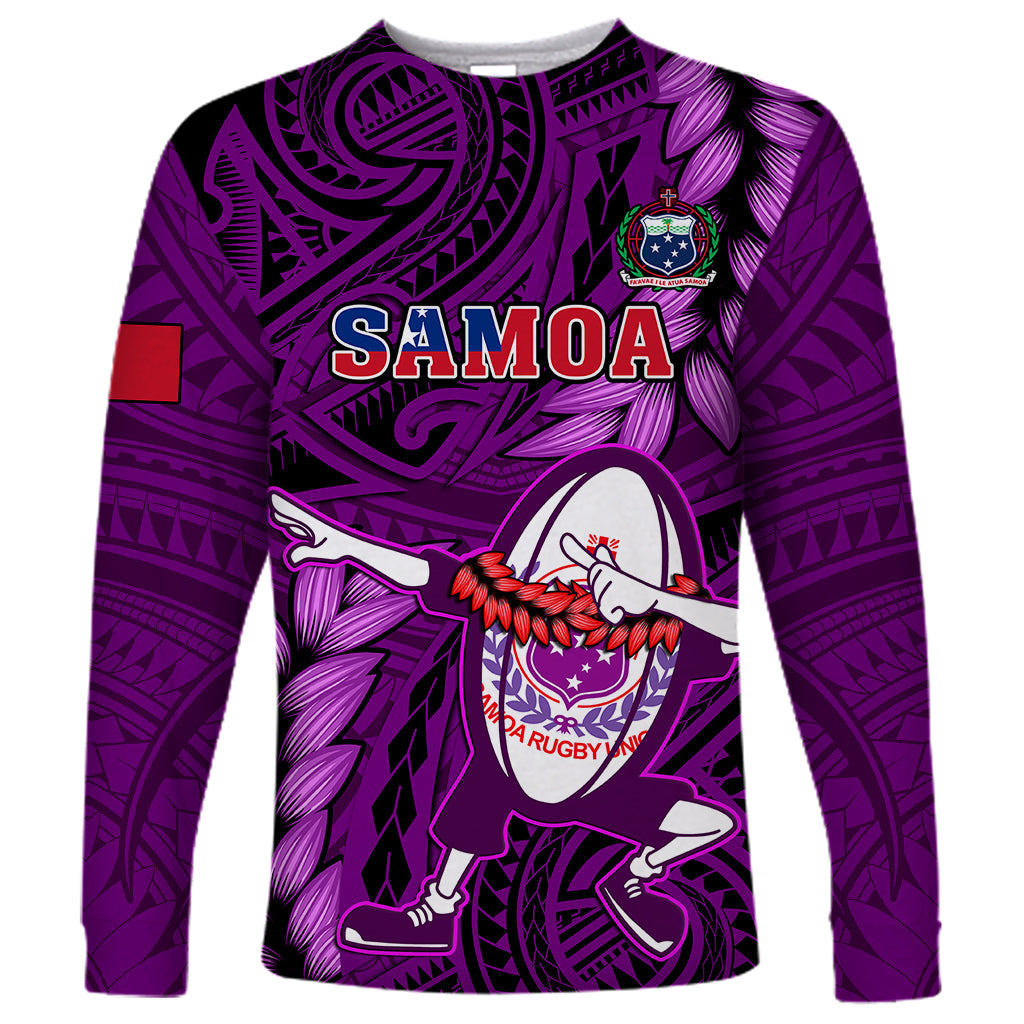 Samoa Rugby Long Sleeve Shirt Manu Samoa Ula Fala Dabbing Ball Polynesian Purple Version - Wonder Print Shop