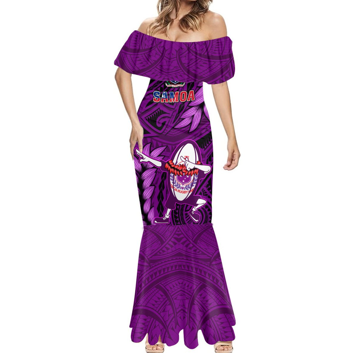 Samoa Rugby Mermaid Dress Manu Samoa Ula Fala Dabbing Ball Polynesian Purple Version - Wonder Print Shop