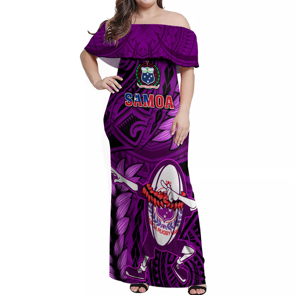 Samoa Rugby Off Shoulder Maxi Dress Manu Samoa Ula Fala Dabbing Ball Polynesian Purple Version - Wonder Print Shop