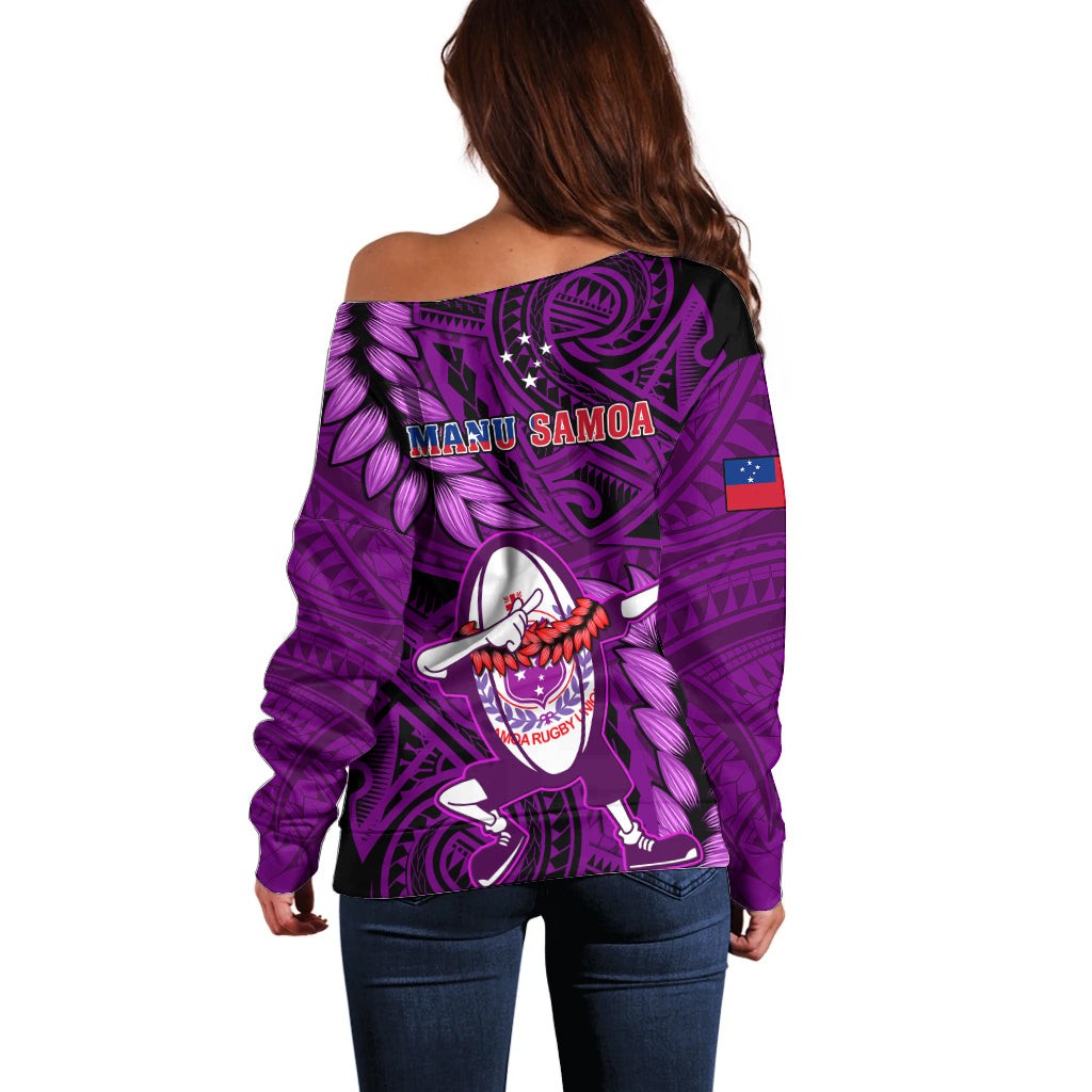 Samoa Rugby Off Shoulder Sweater Manu Samoa Ula Fala Dabbing Ball Polynesian Purple Version - Wonder Print Shop