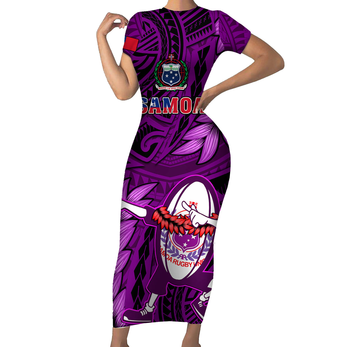 Samoa Rugby Short Sleeve Bodycon Dress Manu Samoa Ula Fala Dabbing Ball Polynesian Purple Version - Wonder Print Shop