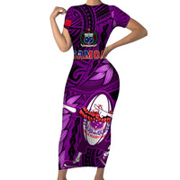 Samoa Rugby Short Sleeve Bodycon Dress Manu Samoa Ula Fala Dabbing Ball Polynesian Purple Version - Wonder Print Shop
