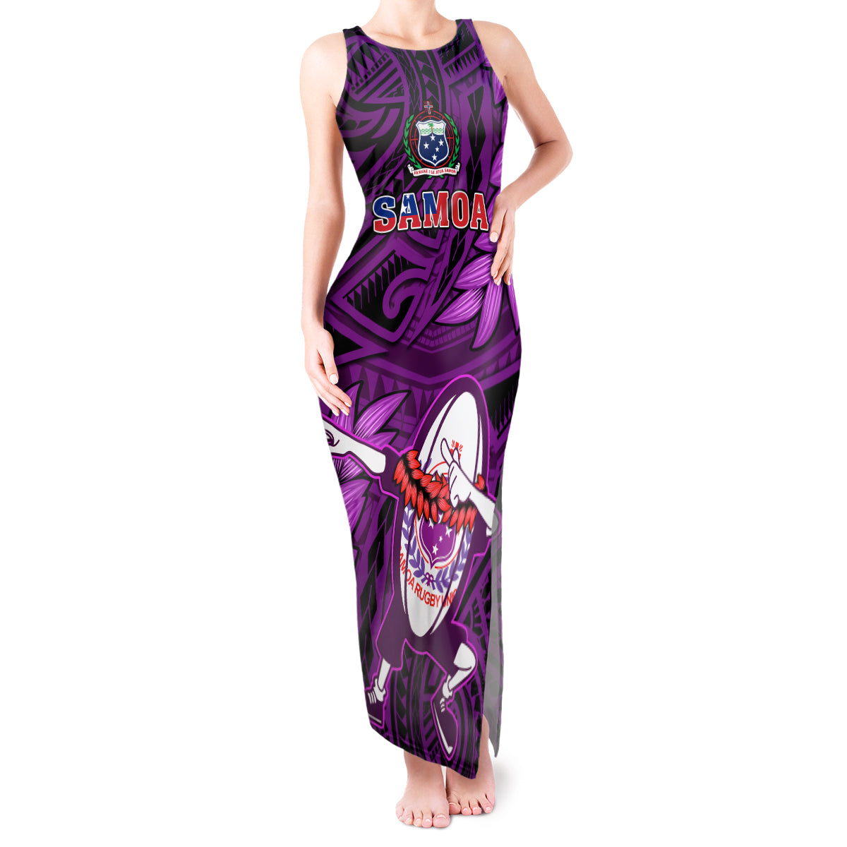 Samoa Rugby Tank Maxi Dress Manu Samoa Ula Fala Dabbing Ball Polynesian Purple Version - Wonder Print Shop