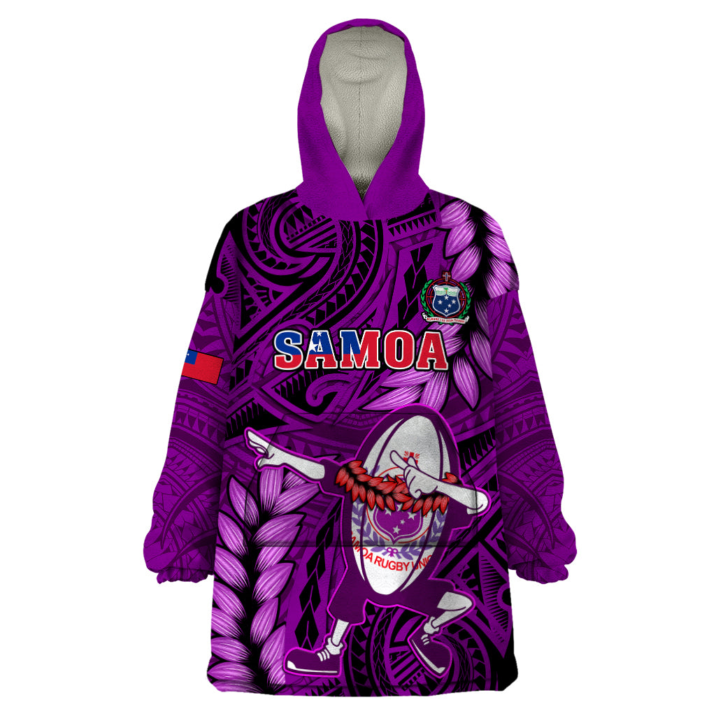 Samoa Rugby Wearable Blanket Hoodie Manu Samoa Ula Fala Dabbing Ball Polynesian Purple Version - Wonder Print Shop
