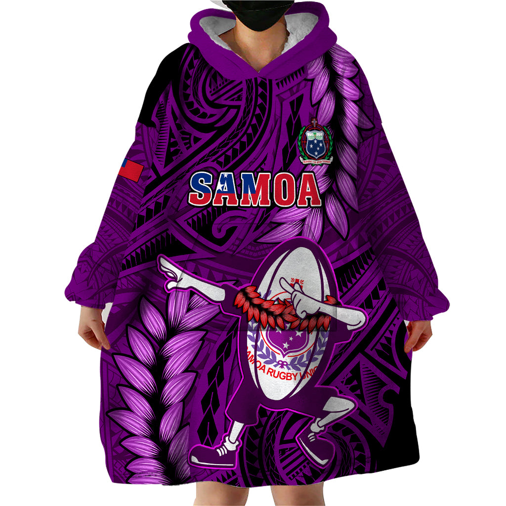 Samoa Rugby Wearable Blanket Hoodie Manu Samoa Ula Fala Dabbing Ball Polynesian Purple Version - Wonder Print Shop