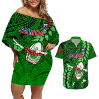 Samoa Rugby Couples Matching Off Shoulder Short Dress and Hawaiian Shirt Manu Samoa Ula Fala Dabbing Ball Polynesian Green Version - Wonder Print Shop