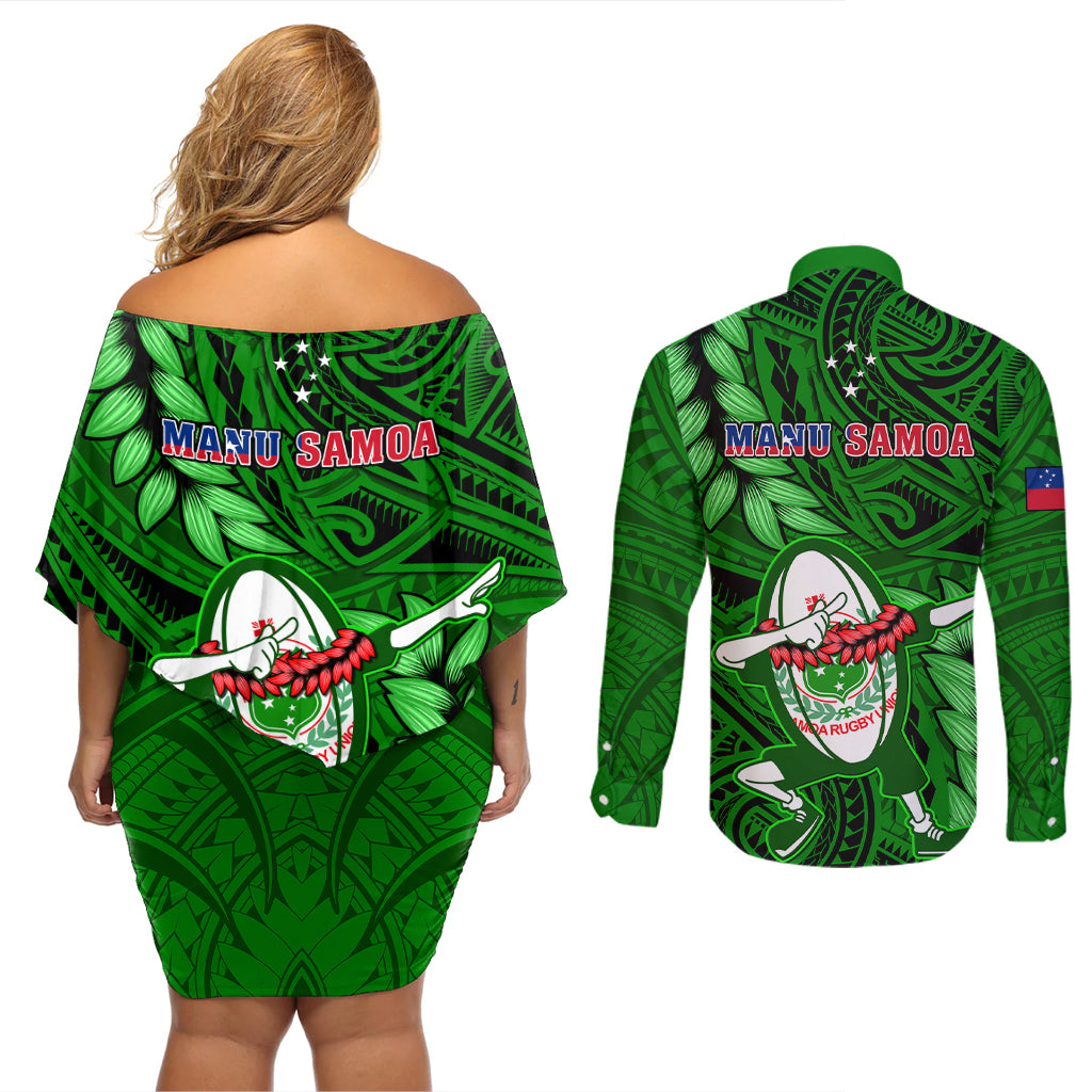 Samoa Rugby Couples Matching Off Shoulder Short Dress and Long Sleeve Button Shirts Manu Samoa Ula Fala Dabbing Ball Polynesian Green Version - Wonder Print Shop