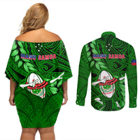 Samoa Rugby Couples Matching Off Shoulder Short Dress and Long Sleeve Button Shirts Manu Samoa Ula Fala Dabbing Ball Polynesian Green Version - Wonder Print Shop