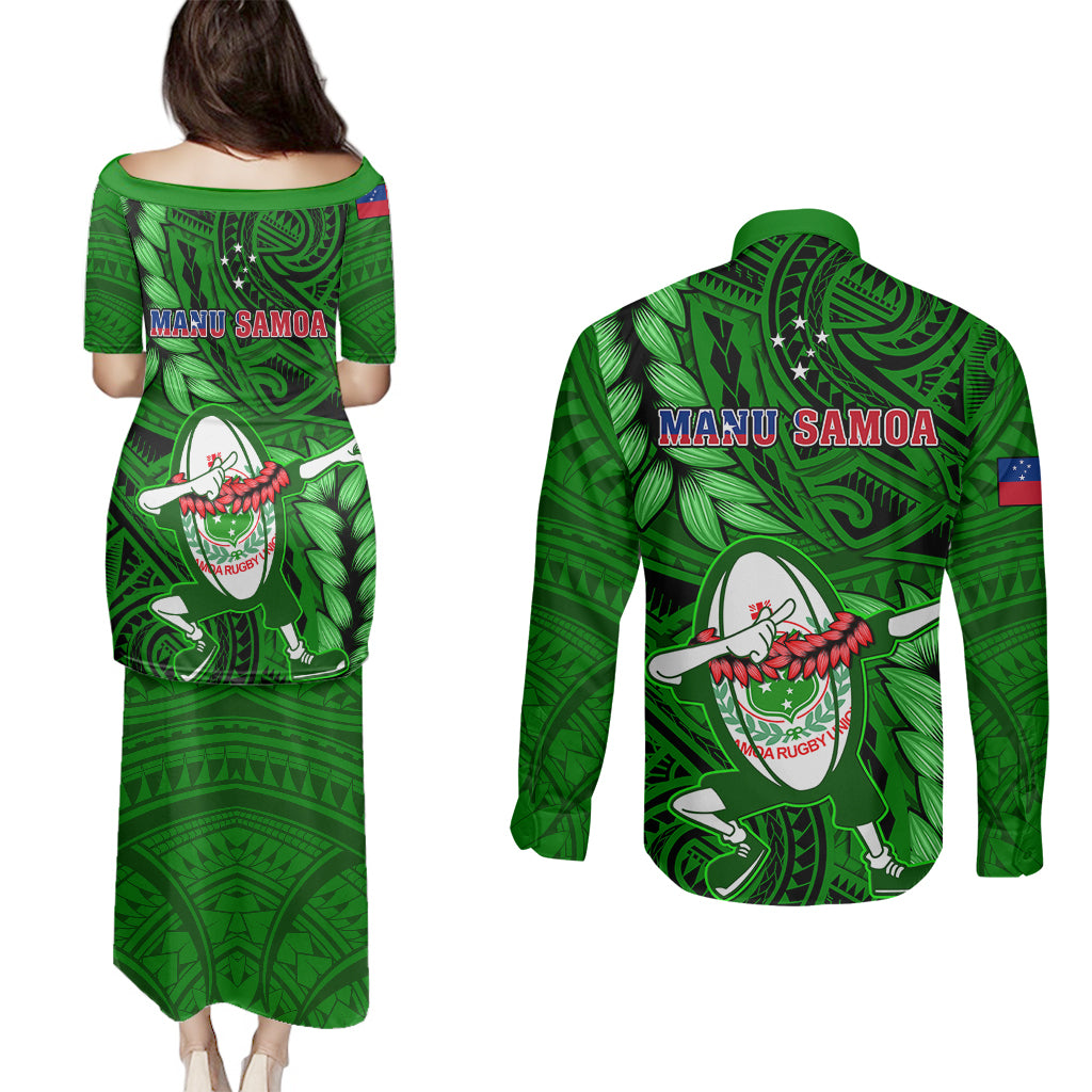 Samoa Rugby Couples Matching Puletasi Dress and Long Sleeve Button Shirts Manu Samoa Ula Fala Dabbing Ball Polynesian Green Version - Wonder Print Shop