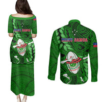 Samoa Rugby Couples Matching Puletasi Dress and Long Sleeve Button Shirts Manu Samoa Ula Fala Dabbing Ball Polynesian Green Version - Wonder Print Shop