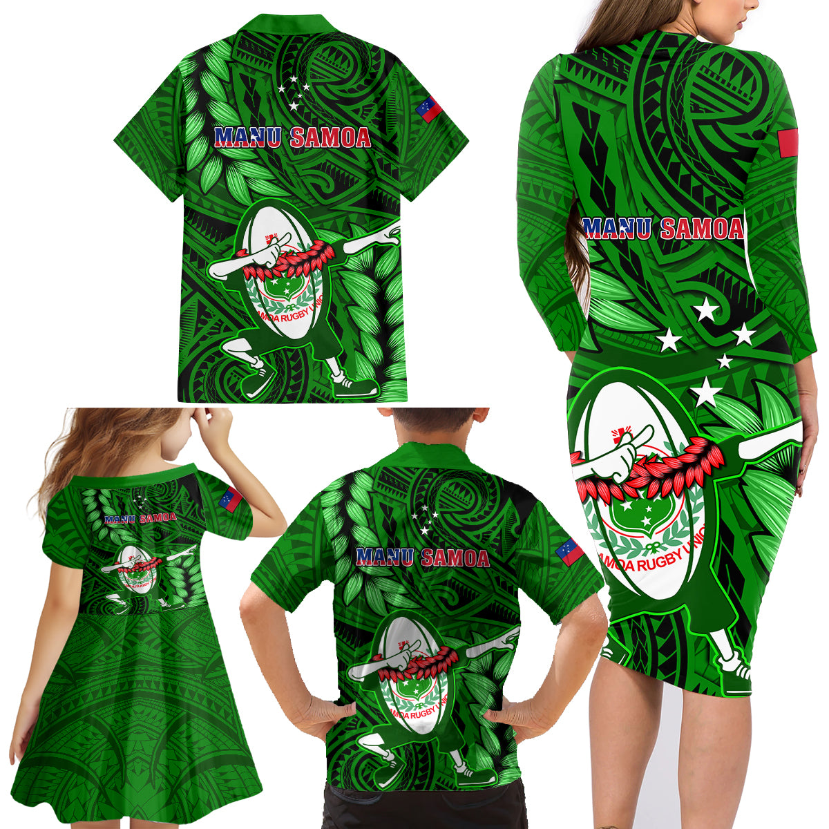 Samoa Rugby Family Matching Long Sleeve Bodycon Dress and Hawaiian Shirt Manu Samoa Ula Fala Dabbing Ball Polynesian Green Version - Wonder Print Shop