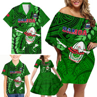 Samoa Rugby Family Matching Off Shoulder Short Dress and Hawaiian Shirt Manu Samoa Ula Fala Dabbing Ball Polynesian Green Version - Wonder Print Shop