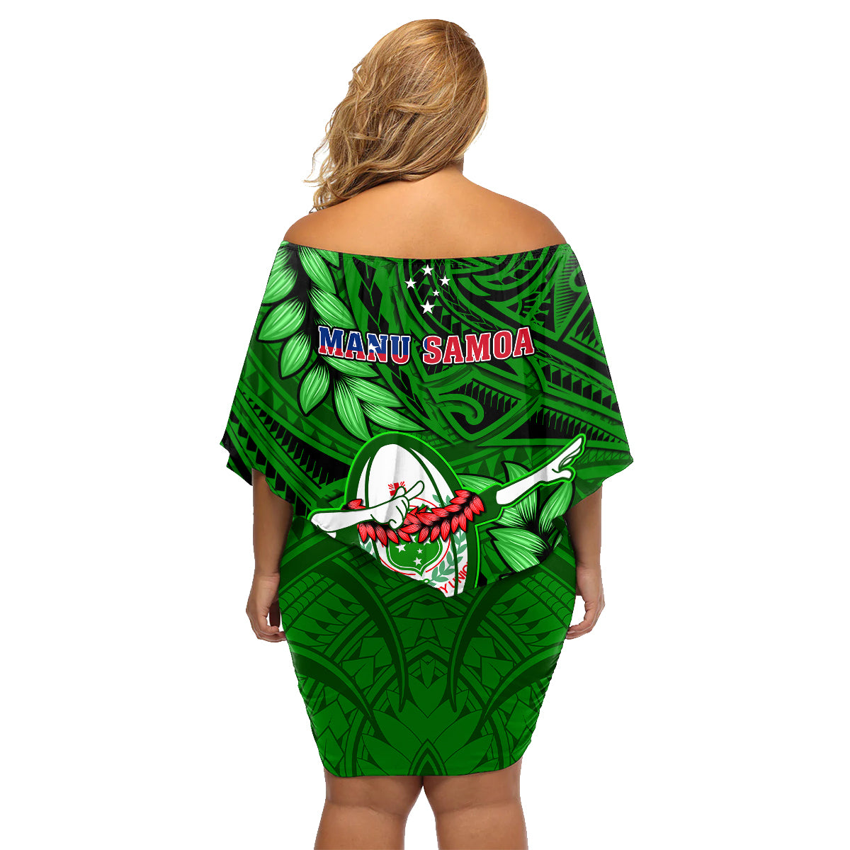 Samoa Rugby Family Matching Off Shoulder Short Dress and Hawaiian Shirt Manu Samoa Ula Fala Dabbing Ball Polynesian Green Version - Wonder Print Shop