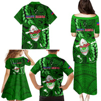 Samoa Rugby Family Matching Puletasi Dress and Hawaiian Shirt Manu Samoa Ula Fala Dabbing Ball Polynesian Green Version - Wonder Print Shop