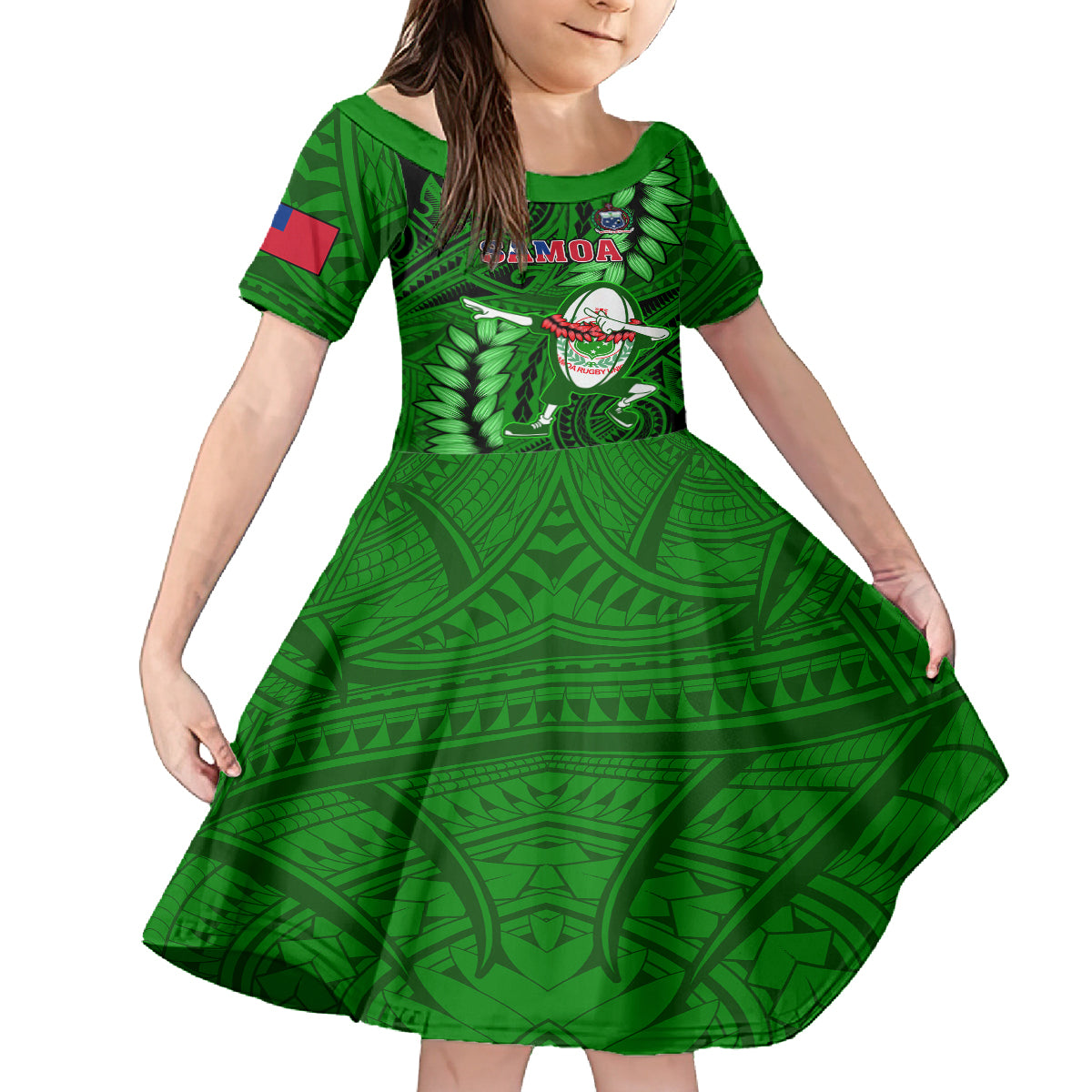 Samoa Rugby Family Matching Tank Maxi Dress and Hawaiian Shirt Manu Samoa Ula Fala Dabbing Ball Polynesian Green Version - Wonder Print Shop