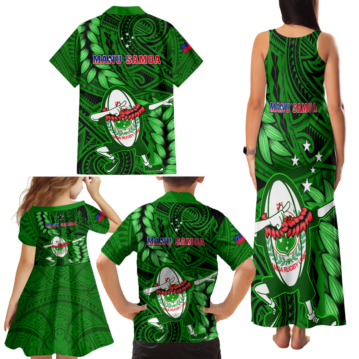Samoa Rugby Family Matching Tank Maxi Dress and Hawaiian Shirt Manu Samoa Ula Fala Dabbing Ball Polynesian Green Version - Wonder Print Shop