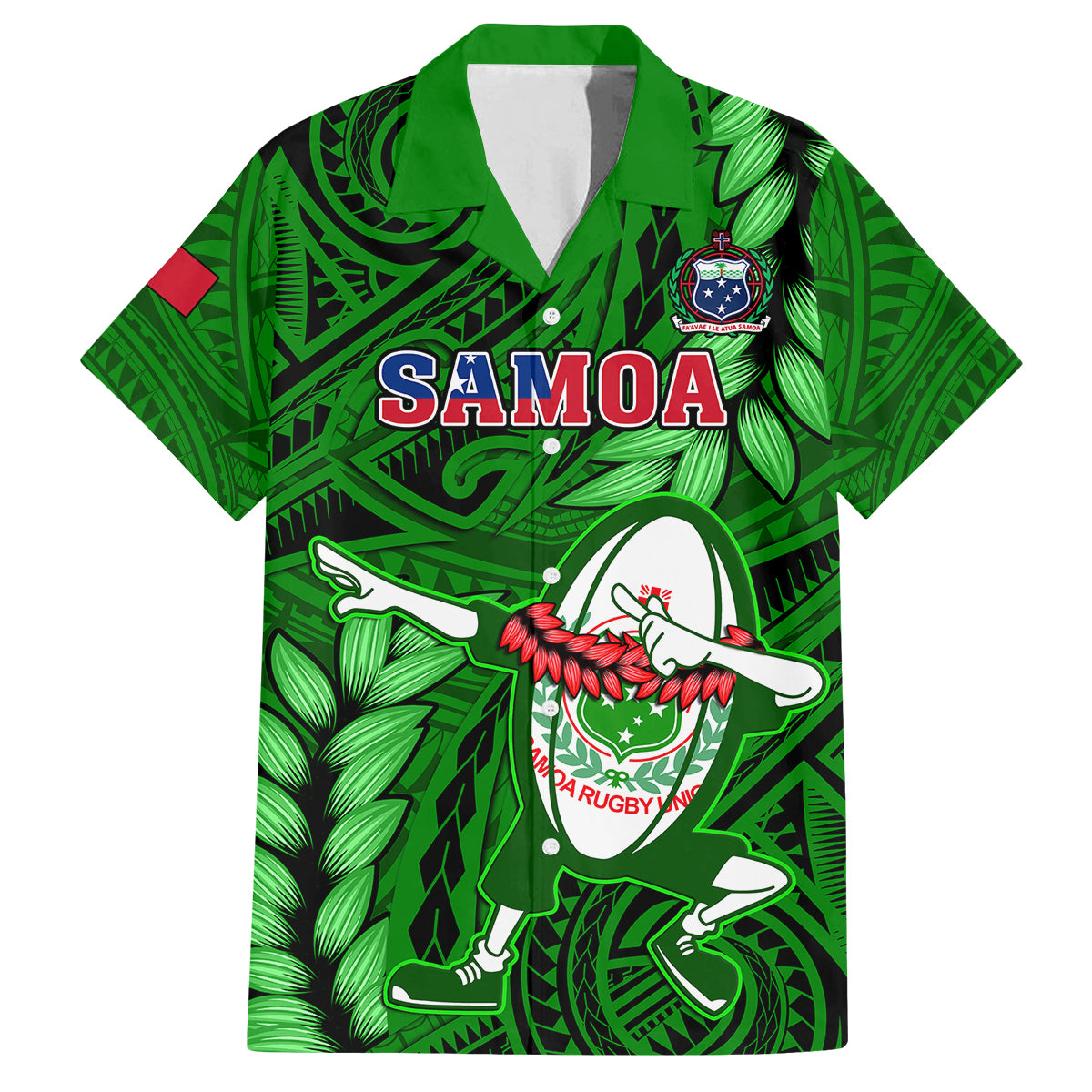 Samoa Rugby Family Matching Tank Maxi Dress and Hawaiian Shirt Manu Samoa Ula Fala Dabbing Ball Polynesian Green Version - Wonder Print Shop