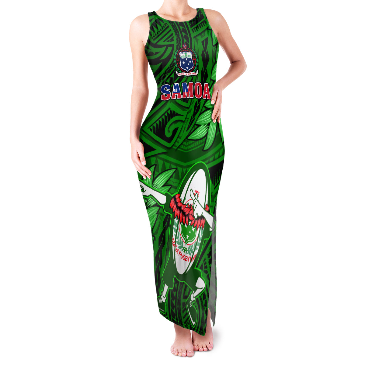 Samoa Rugby Family Matching Tank Maxi Dress and Hawaiian Shirt Manu Samoa Ula Fala Dabbing Ball Polynesian Green Version - Wonder Print Shop