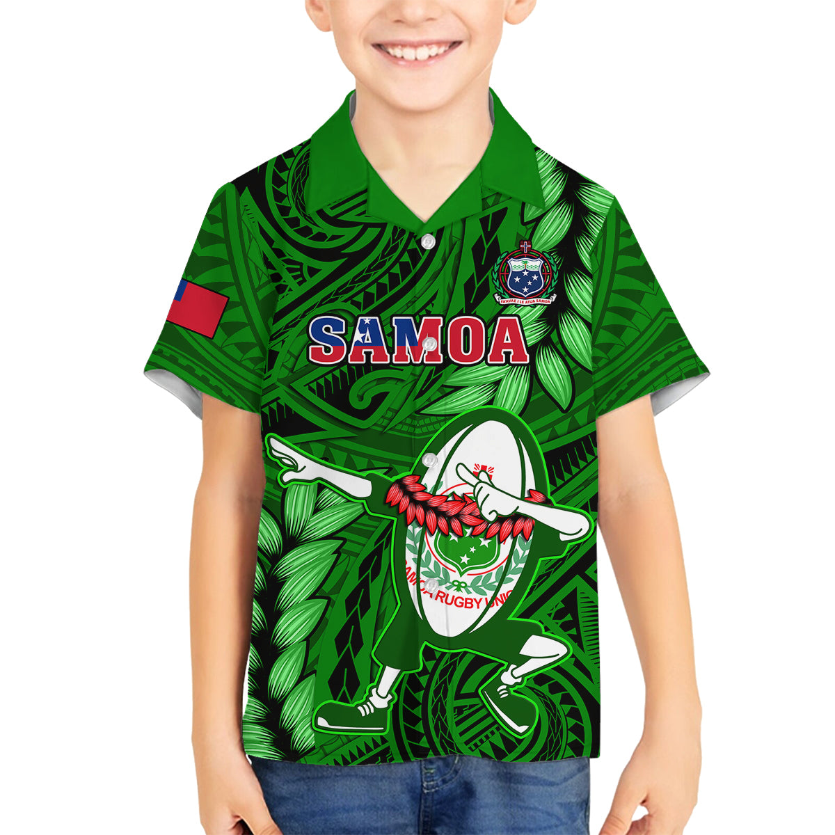 Samoa Rugby Family Matching Tank Maxi Dress and Hawaiian Shirt Manu Samoa Ula Fala Dabbing Ball Polynesian Green Version - Wonder Print Shop