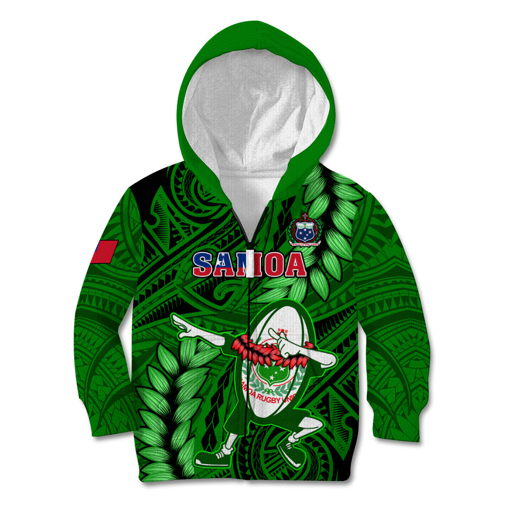 Samoa Rugby Kid Hoodie Manu Samoa Ula Fala Dabbing Ball Polynesian Green Version - Wonder Print Shop