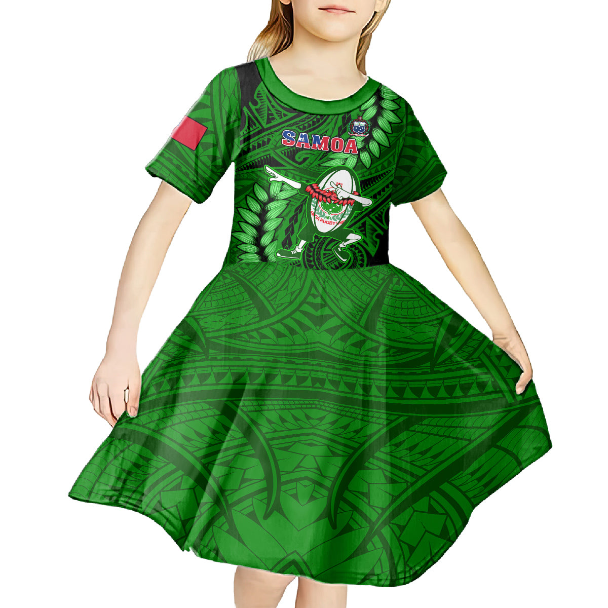 Samoa Rugby Kid Short Sleeve Dress Manu Samoa Ula Fala Dabbing Ball Polynesian Green Version - Wonder Print Shop