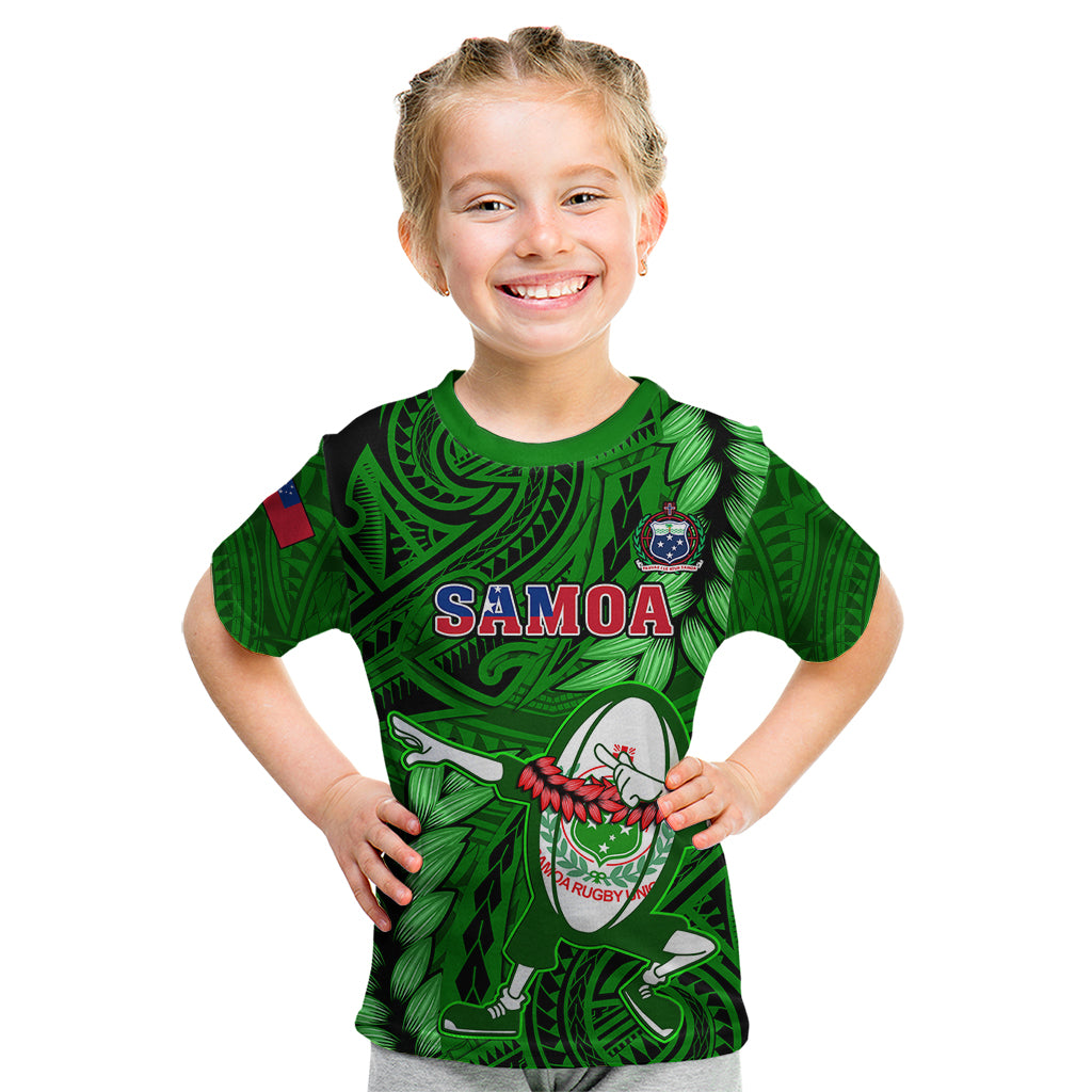 Samoa Rugby Kid T Shirt Manu Samoa Ula Fala Dabbing Ball Polynesian Green Version - Wonder Print Shop