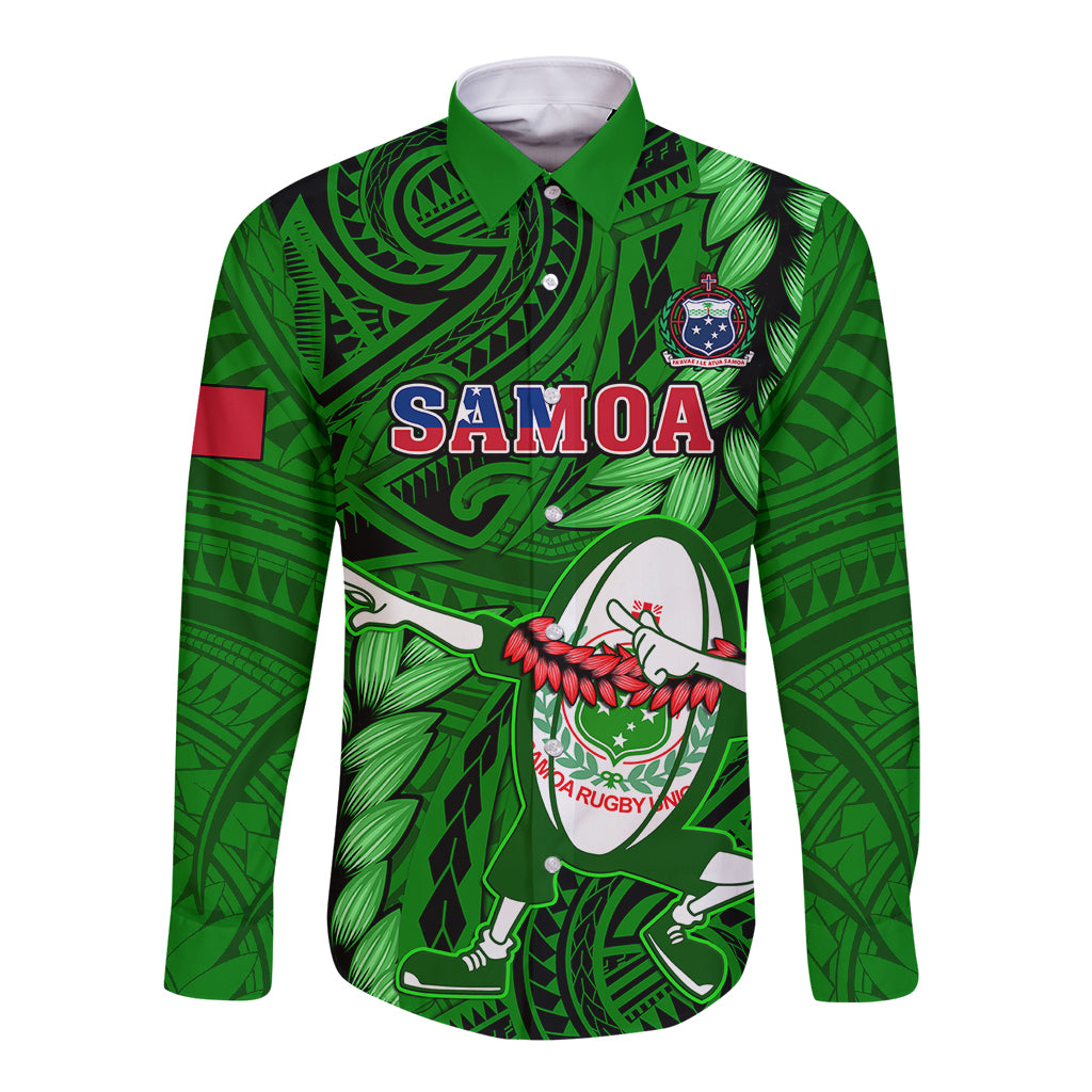 Samoa Rugby Long Sleeve Button Shirt Manu Samoa Ula Fala Dabbing Ball Polynesian Green Version - Wonder Print Shop