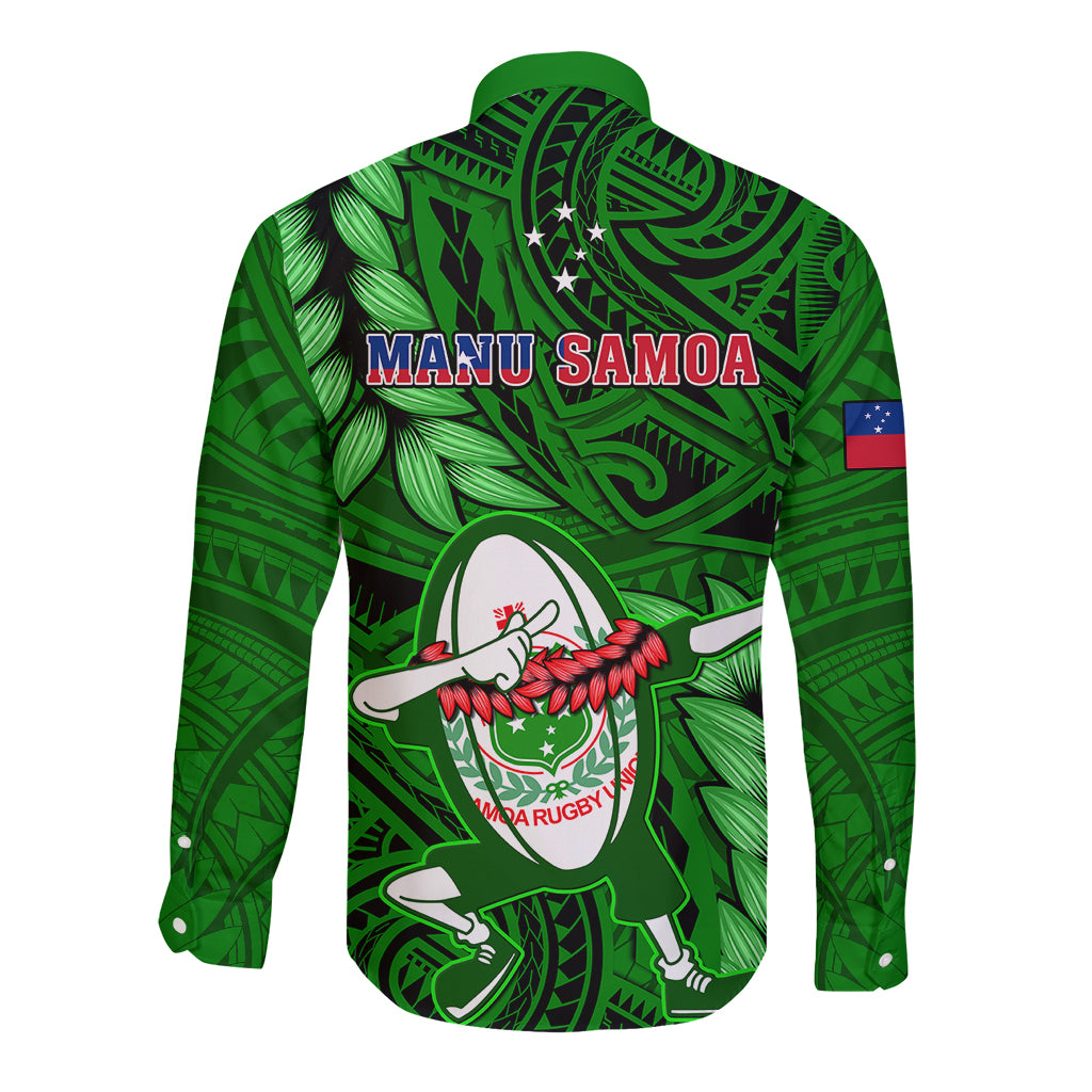 Samoa Rugby Long Sleeve Button Shirt Manu Samoa Ula Fala Dabbing Ball Polynesian Green Version - Wonder Print Shop