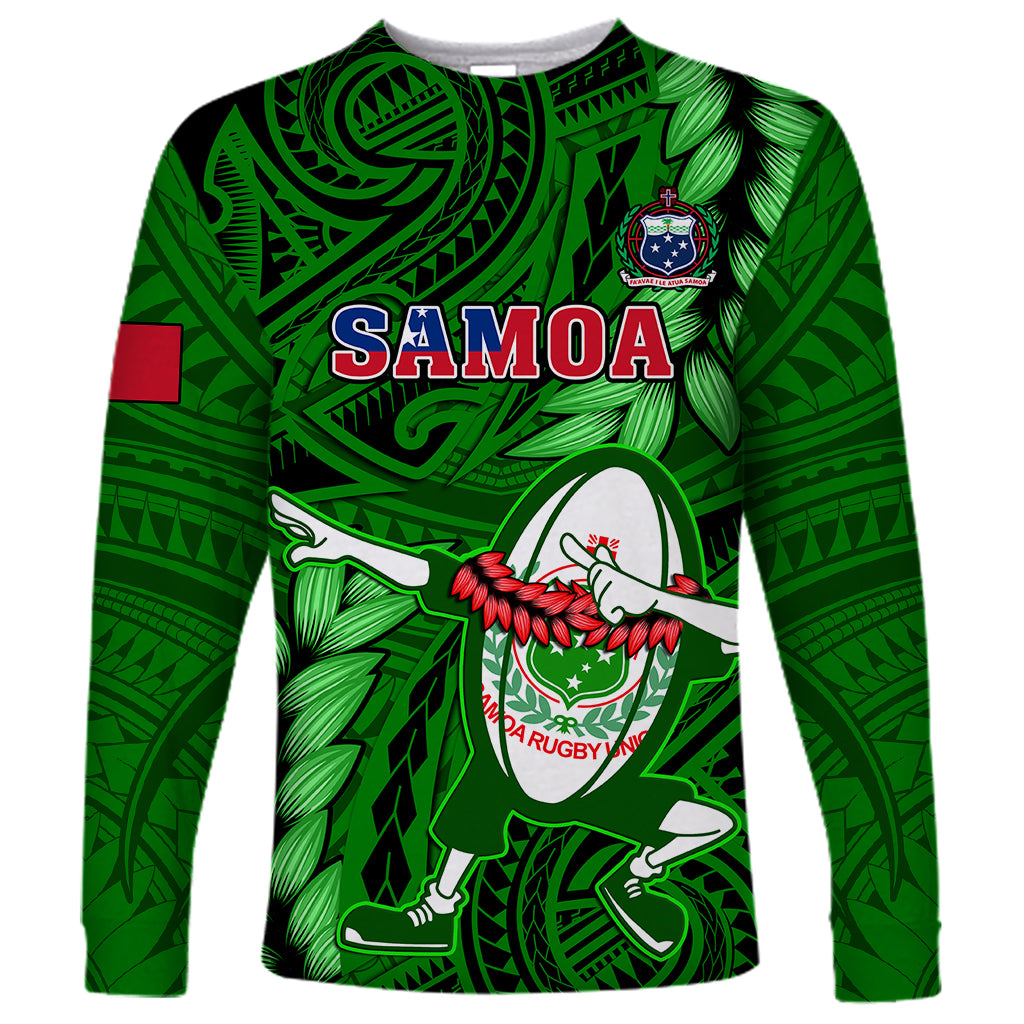 Samoa Rugby Long Sleeve Shirt Manu Samoa Ula Fala Dabbing Ball Polynesian Green Version - Wonder Print Shop