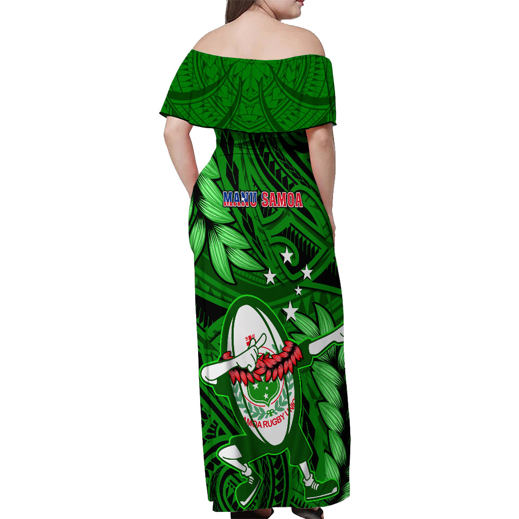 Samoa Rugby Off Shoulder Maxi Dress Manu Samoa Ula Fala Dabbing Ball Polynesian Green Version - Wonder Print Shop
