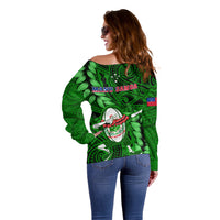 Samoa Rugby Off Shoulder Sweater Manu Samoa Ula Fala Dabbing Ball Polynesian Green Version - Wonder Print Shop