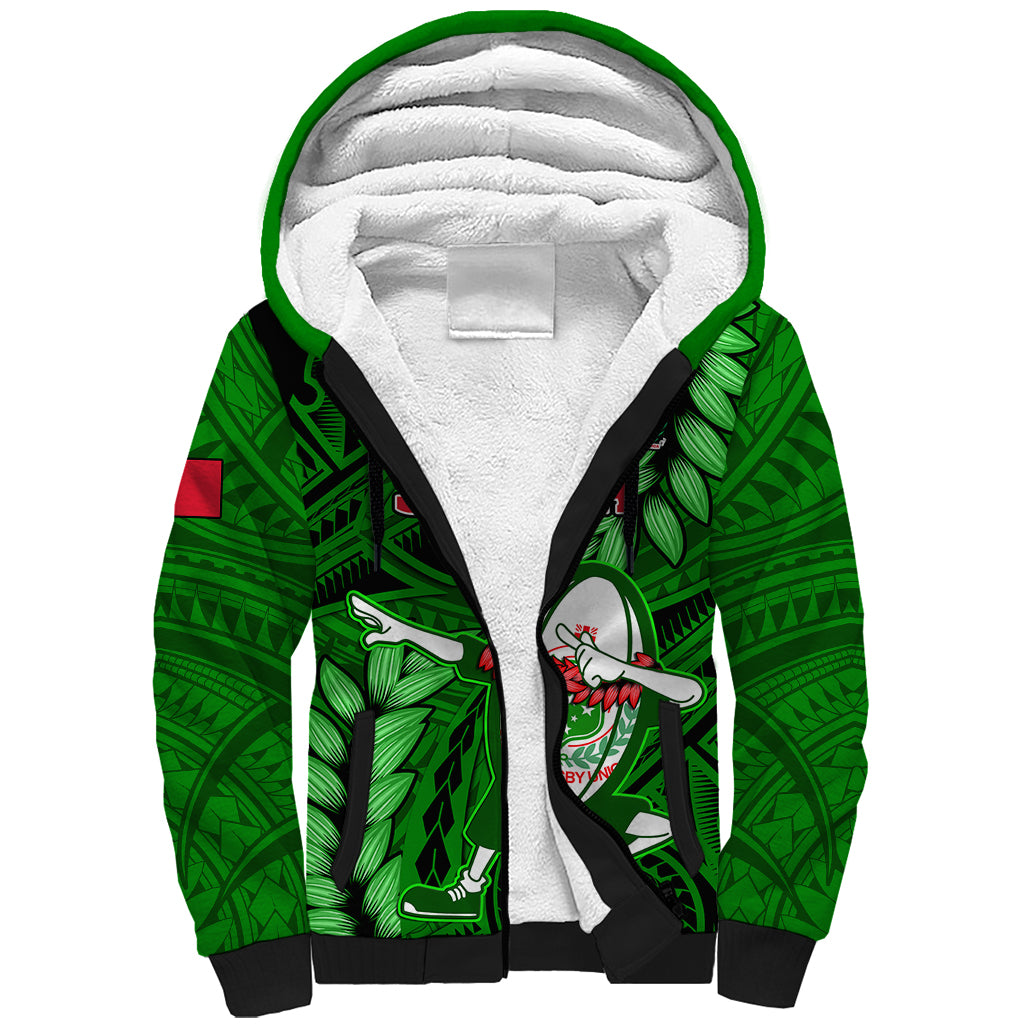 Samoa Rugby Sherpa Hoodie Manu Samoa Ula Fala Dabbing Ball Polynesian Green Version - Wonder Print Shop