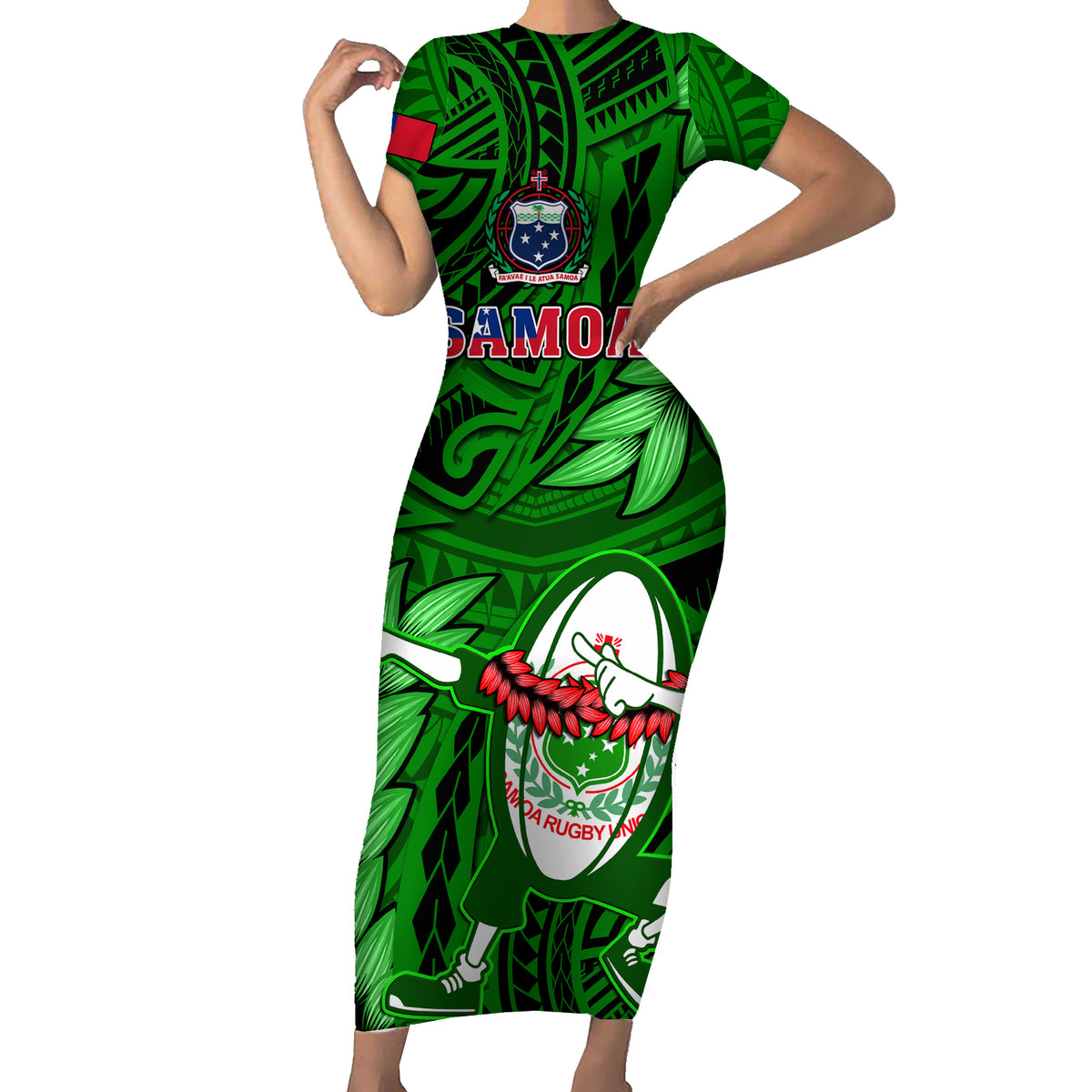 Samoa Rugby Short Sleeve Bodycon Dress Manu Samoa Ula Fala Dabbing Ball Polynesian Green Version - Wonder Print Shop